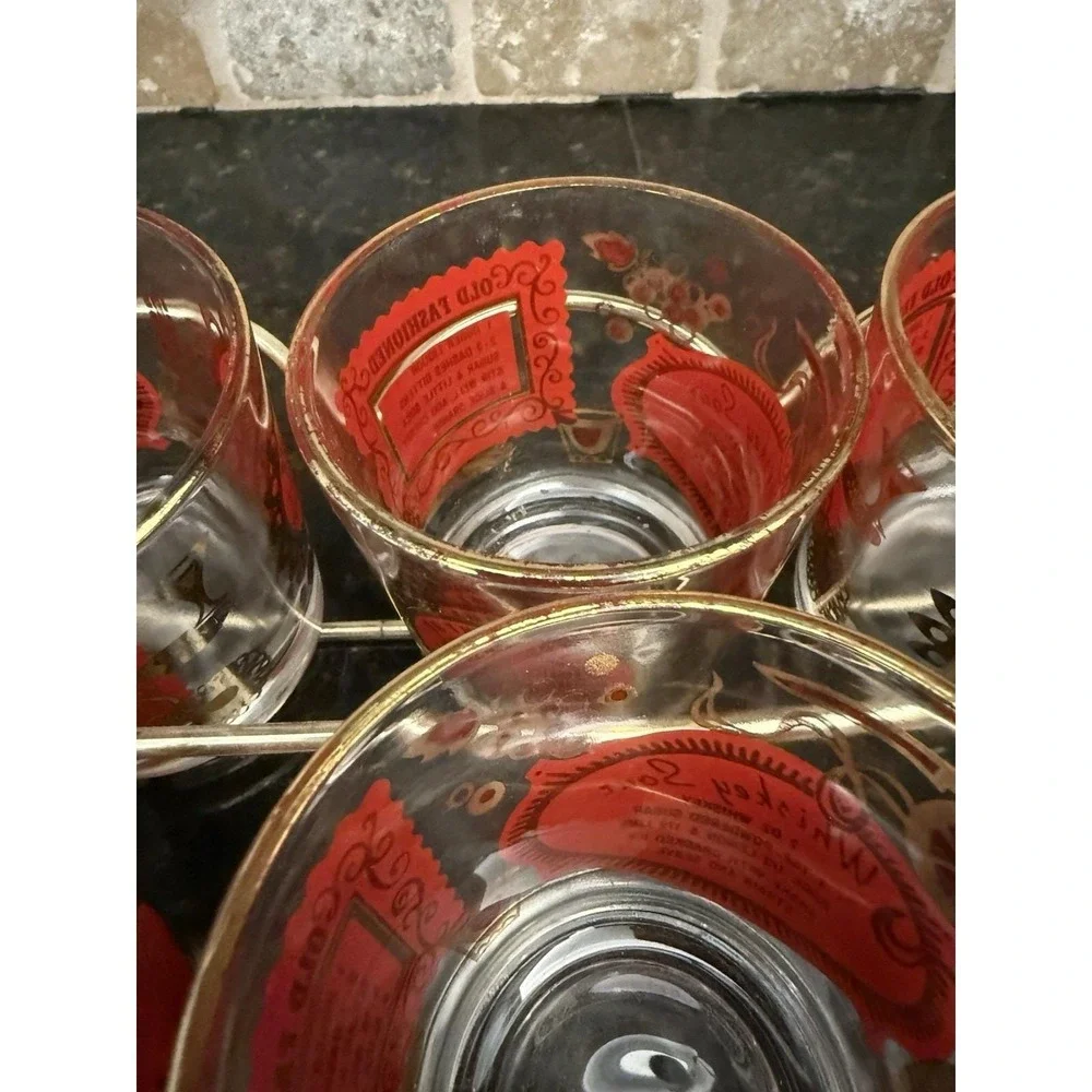 8 VTG Mid Century Modern Red Gold Whiskey Sour Old‎ Fashioned Bourbon Glasses
